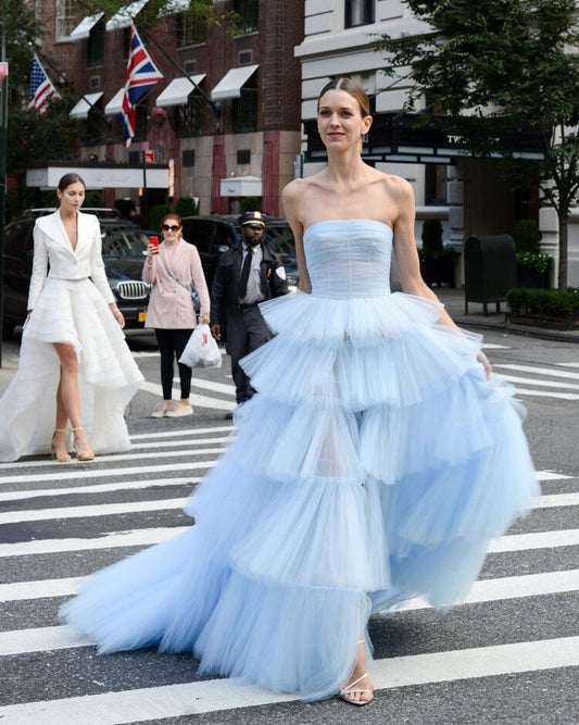 Blue Tulle A-line Wedding Bridal Dress with Slit, Custom Fairy Prom Party Ball Gown