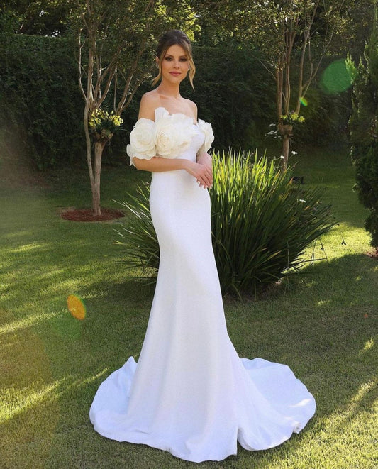 Off the Shoulder Satin Mermaid Wedding Bridal Dress with 3D Flowers, Custom Cream Simple Modest Minimalist Cocktail/Reception Dress