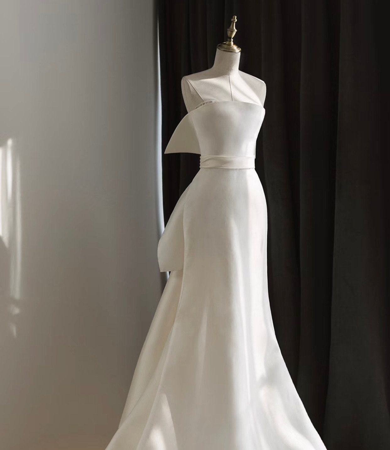 Minimalist Ivory Satin A-line Wedding Bridal Dress, Simple Elegant Prom Party Gown, Customisable