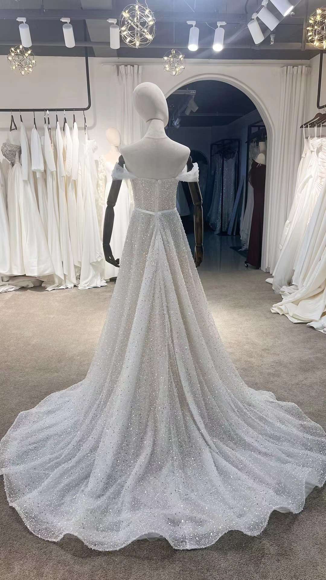Off the shoulder luxury beaded wedding dress, custom unique a-line cou Shindig Threads Off the shoulder luxury beaded wedding dress, custom unique a-line cou Shindig Threads