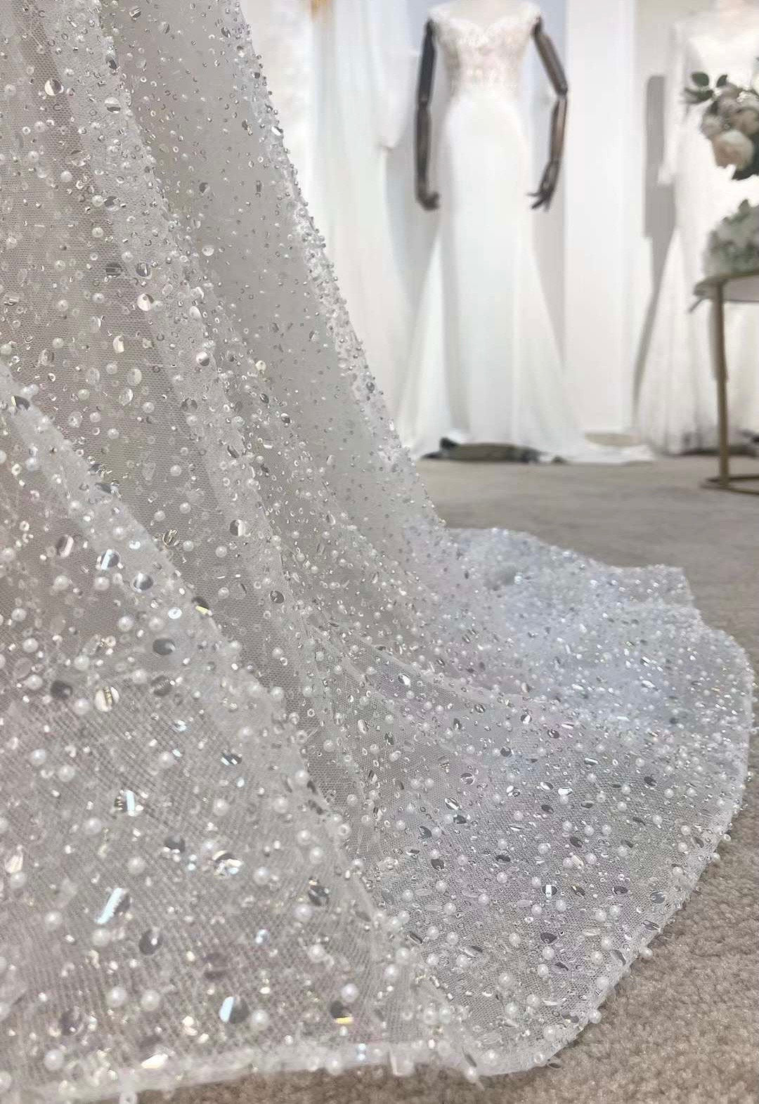 beaded reception dress for bride Beaded shoulder wedding dress | Pearl reception dress