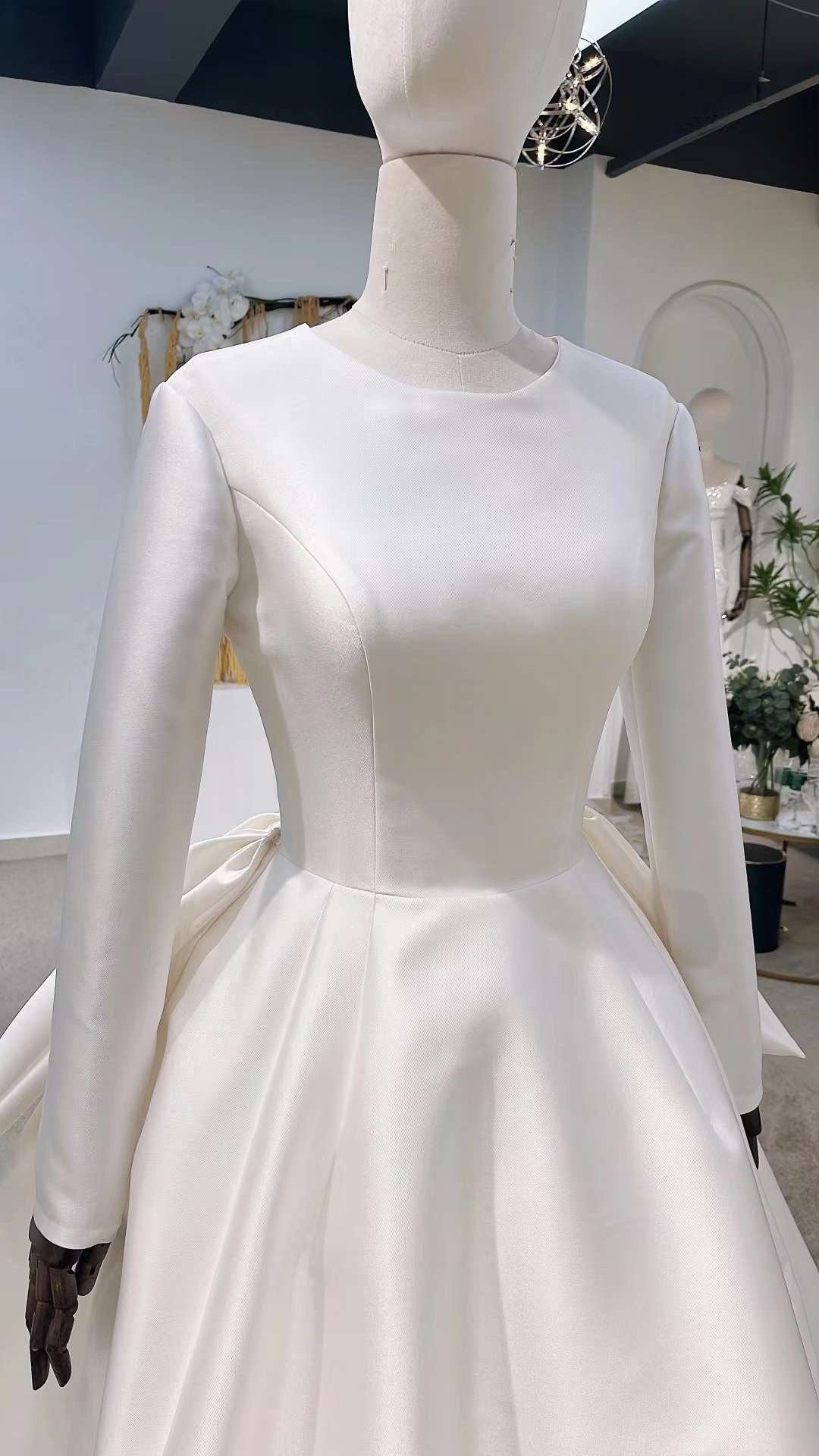 Long sleeve satin wedding dress, minimalist simple modest courthouse wedding dress, custom unique ball gown, classic & elegant bridal dress