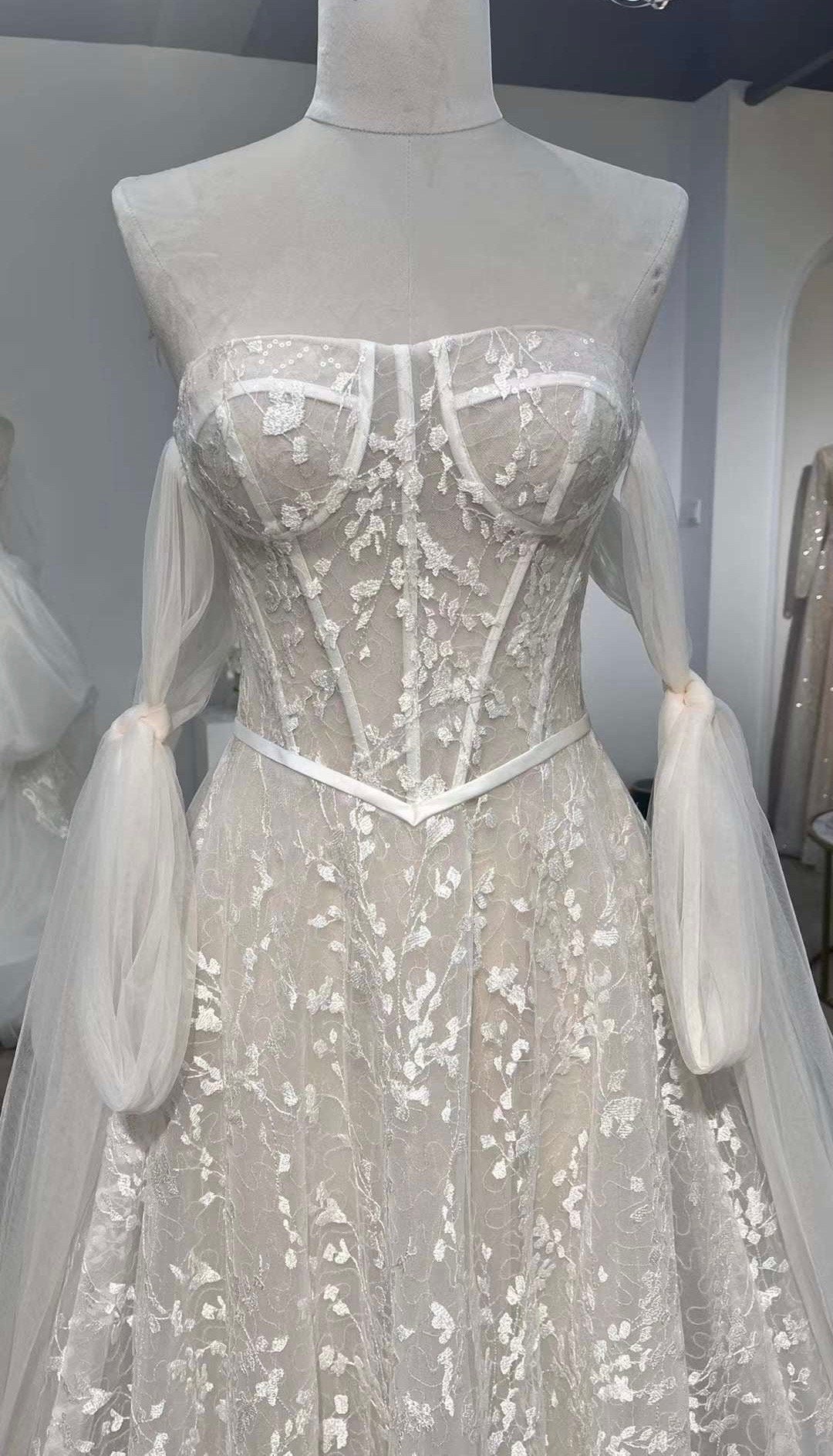 Off shoulder fairy corset drop waist wedding dress, custom unique cour Shindig Threads Off shoulder fairy corset drop waist wedding dress, custom unique cour Shindig Threads