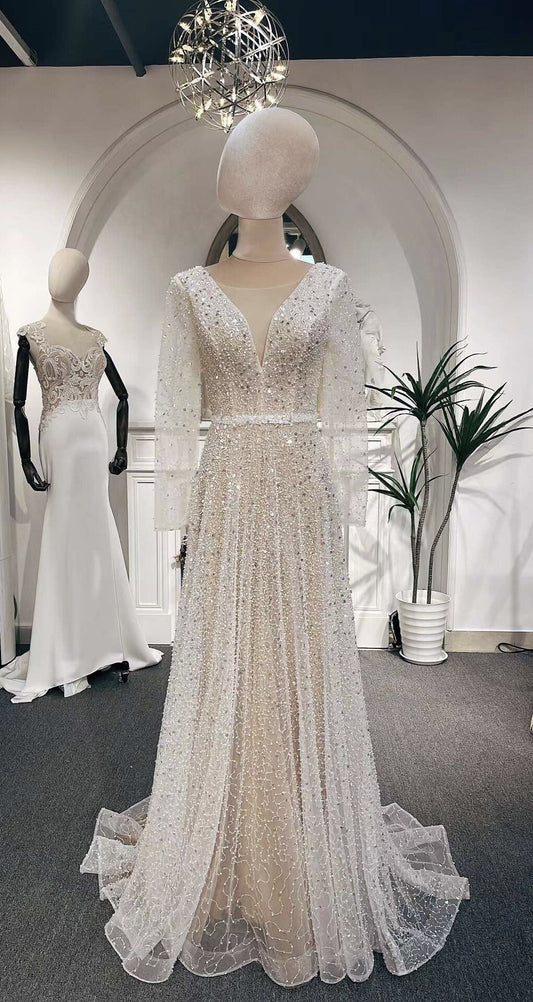 Long Sleeve Luxury Beaded Wedding Prom Dress, Custom v-neck sparkling reception second wedding dress, courthouse wedding, cocktail dress