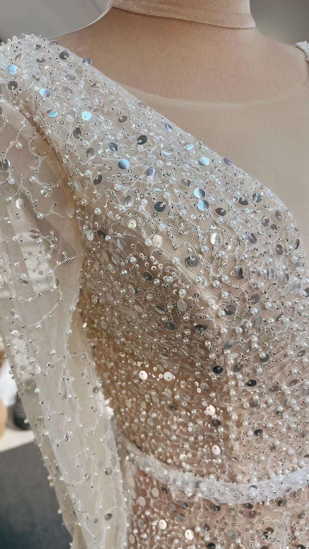 beaded reception dress Long Sleeve Luxury Beaded Wedding Prom Dress, Custom v-neck sparkling – Shindig Threads