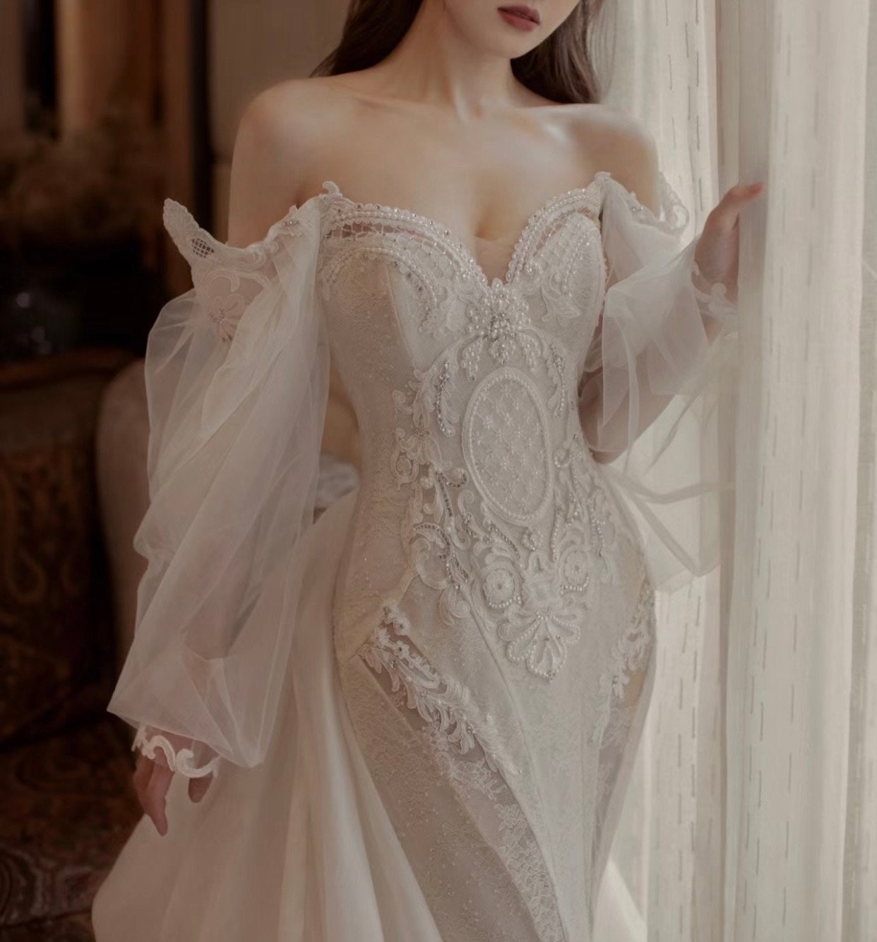 Long Sleeve Off the Shoulder Lace Mermaid Wedding Dress with detachable Train, Custom Unique Courthouse wedding elope dress, reception dress