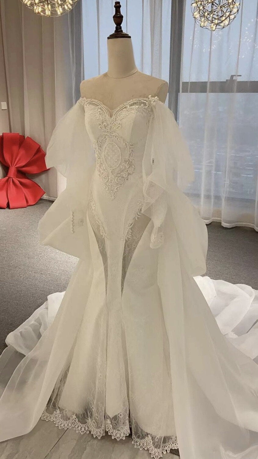 Sample dress, Long Sleeve Off the Shoulder Lace Mermaid Wedding Dress with detachable Train, Custom Unique Courthouse civil wedding