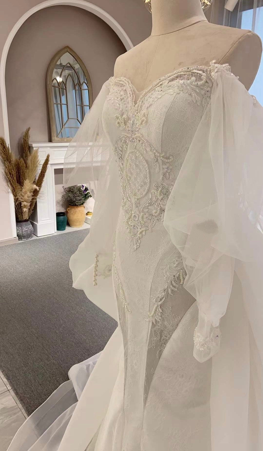 Sample dress, Long Sleeve Off the Shoulder Lace Mermaid Wedding Dress with detachable Train, Custom Unique Courthouse civil wedding