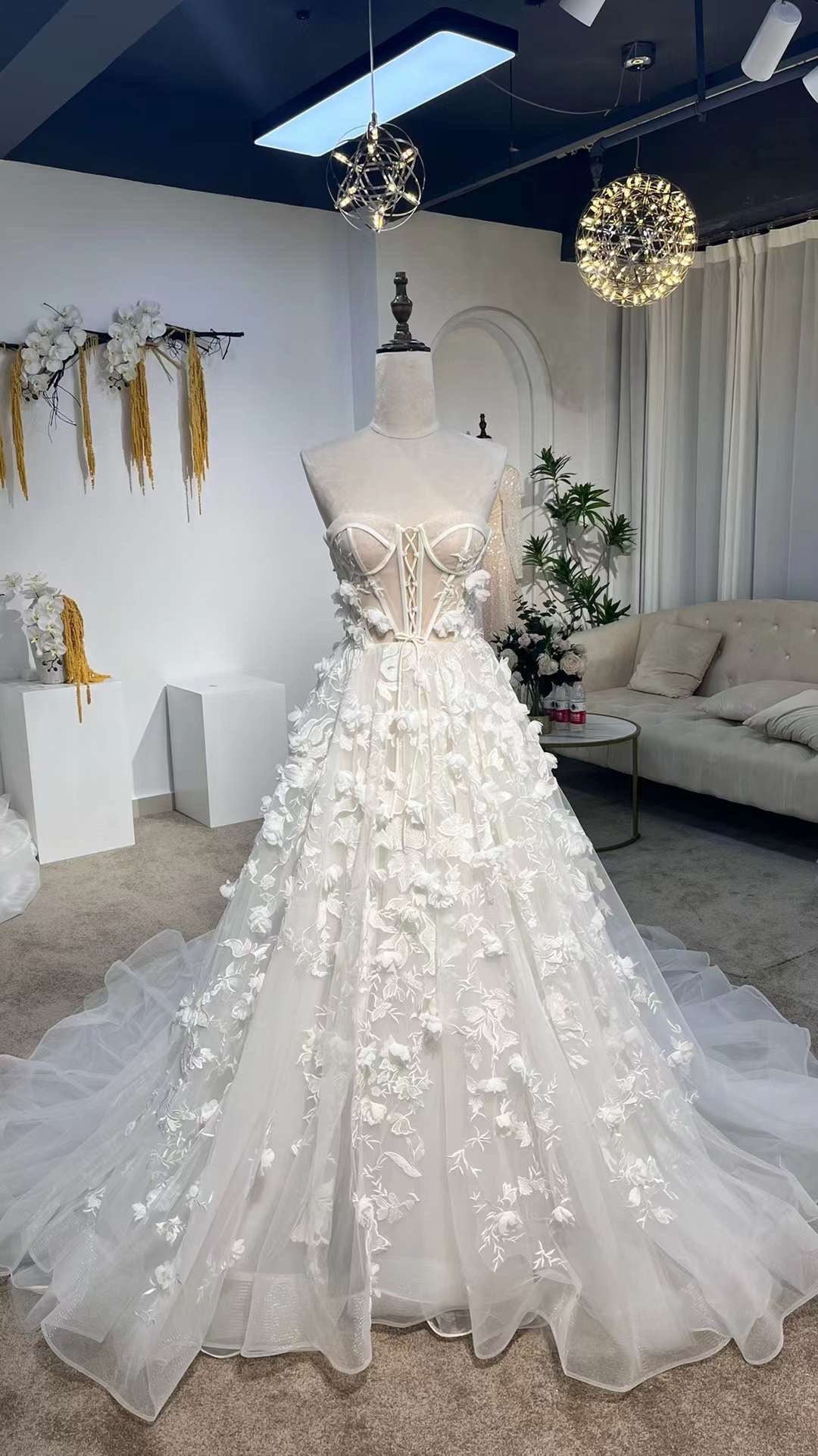 Fairy corset floral wedding dress, custom unique ball gown for courtho