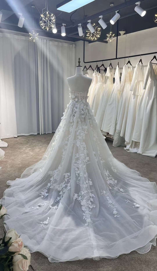 Fairy corset floral wedding dress, custom unique ball gown for courthouse wedding, boho romantic a-line reception elopement dress for bride