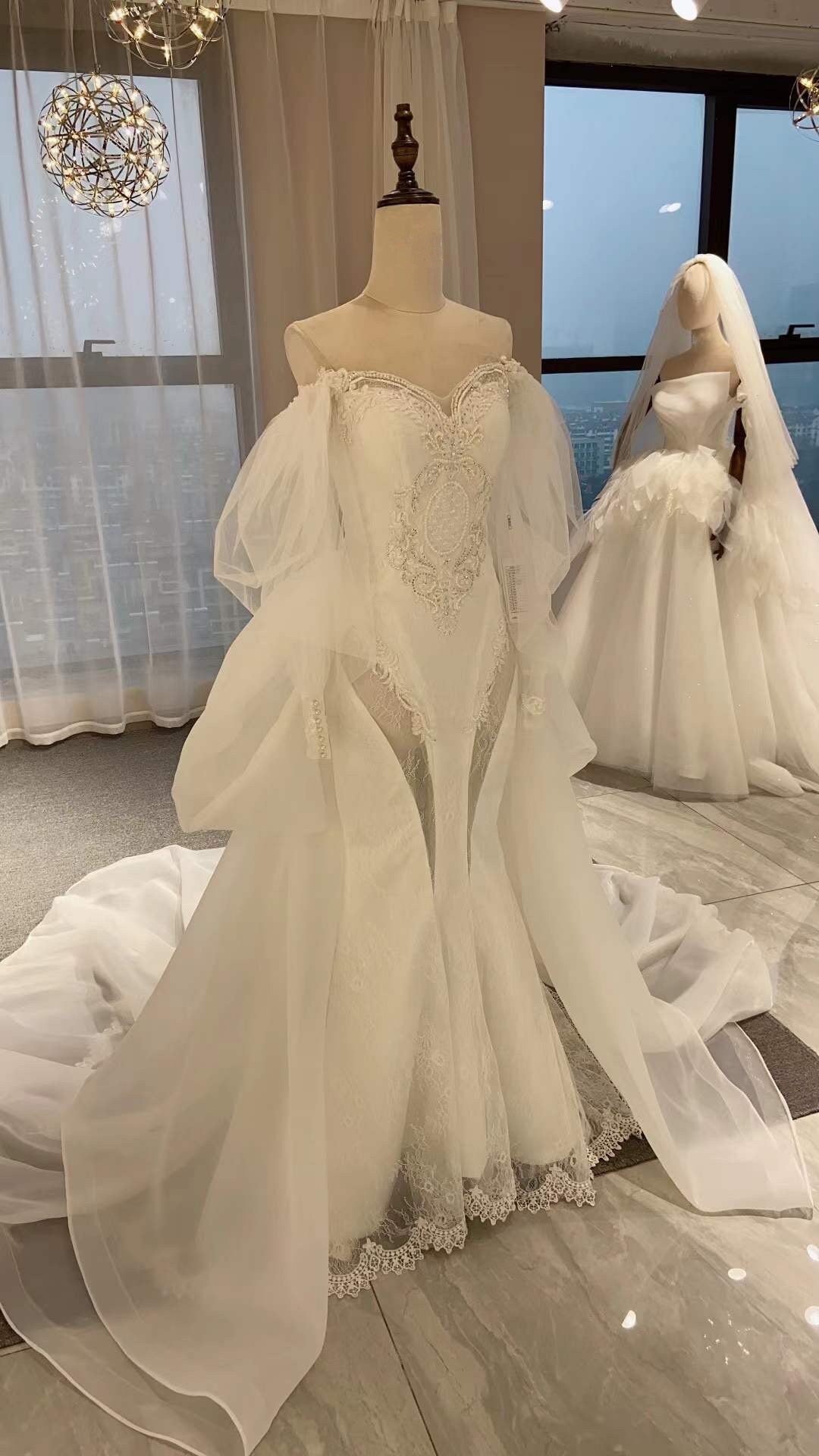 Sample dress, Long Sleeve Off the Shoulder Lace Mermaid Wedding Dress with detachable Train, Custom Unique Courthouse civil wedding