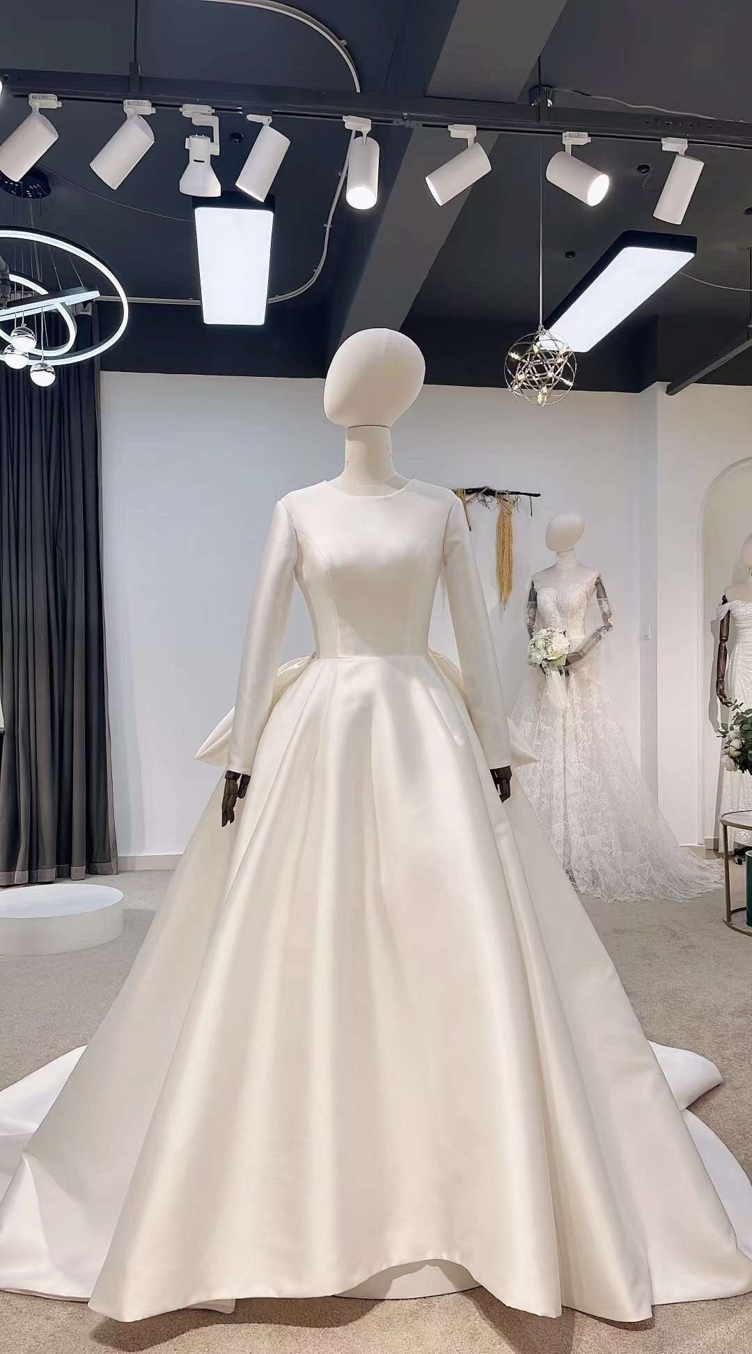 Long sleeve satin wedding dress, minimalist simple modest courthouse wedding dress, custom unique ball gown, classic & elegant bridal dress