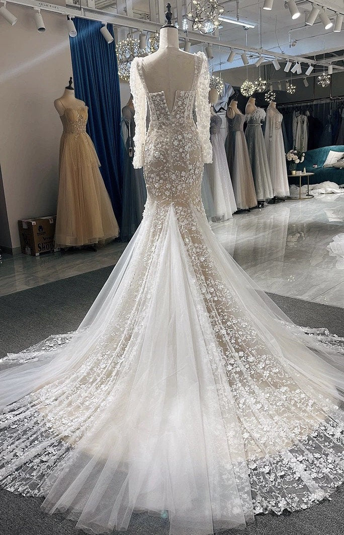 Jessica | Long Sleeve Corset Mermaid Wedding Dress with 3D Flowers