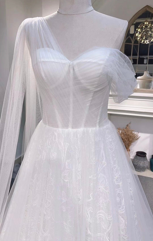 One shoulder Fairy Corset Wedding Bridal Dress, Ivory Custom Simple Elegant A-line Gown, Unique Modest Courthouse Reception Elopement Dress