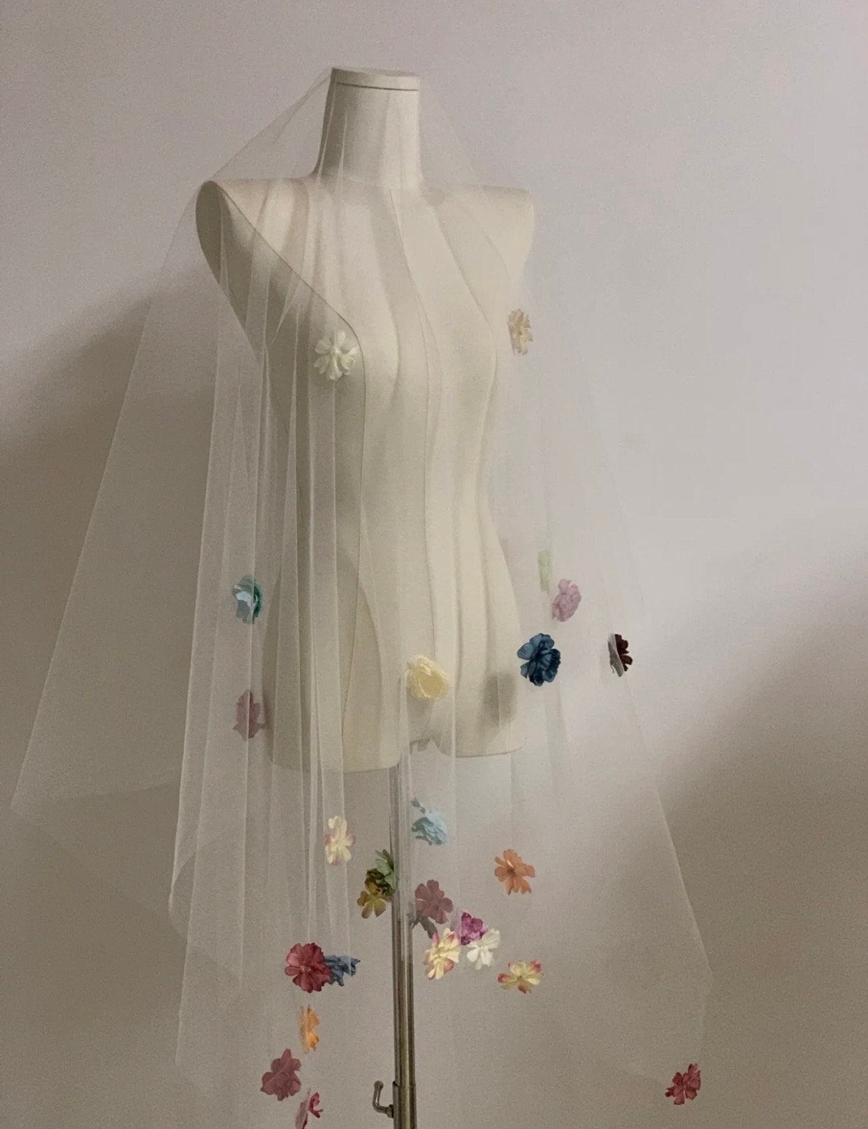 Unique Colorful Wedding Bridal Veil with Handmade Flowers, wedding gift for brides.