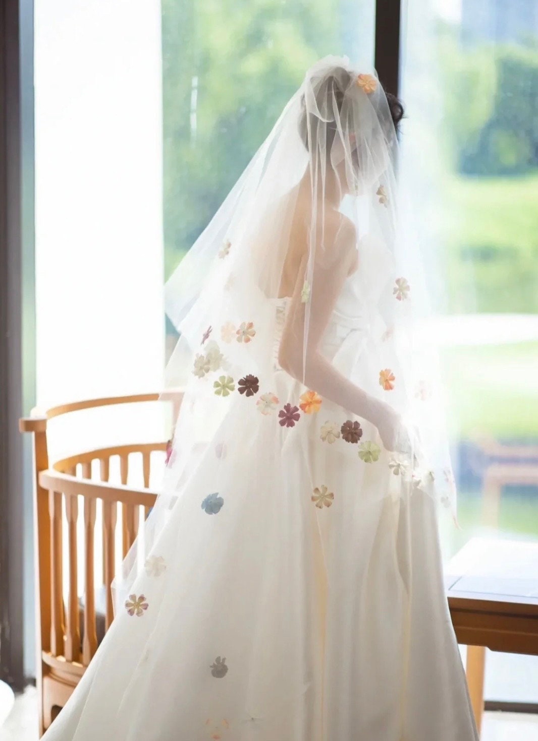 Unique Colorful Wedding Bridal Veil with Handmade Flowers, wedding gift for brides.