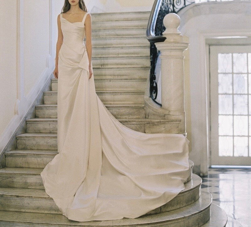 Minimalist Satin Mermaid Wedding Prom Dress, Custom Simple Elegant Reception Gown, Unique Elopement Dress for Courthouse Wedding