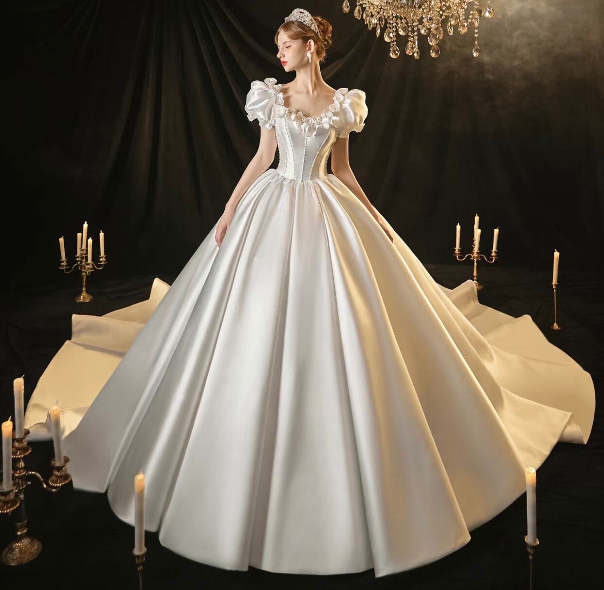 White Fairy A-line Satin Bridal Wedding Dress, Customizable Prom Party Ball Gown, Romantic Boho Lolita Princess Sweetheart