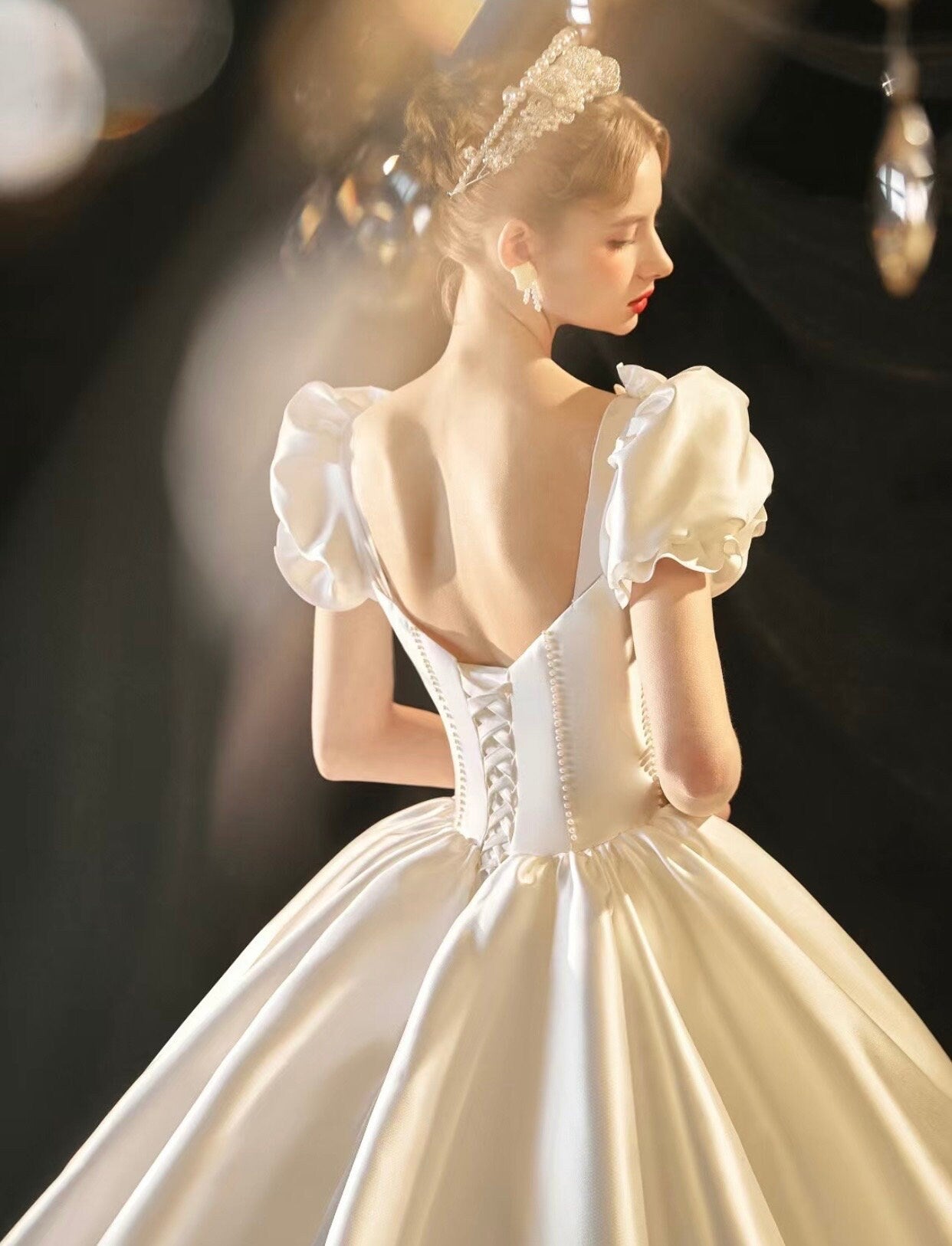 White Fairy A-line Satin Bridal Wedding Dress, Customizable Prom Party Ball Gown, Romantic Boho Lolita Princess Sweetheart