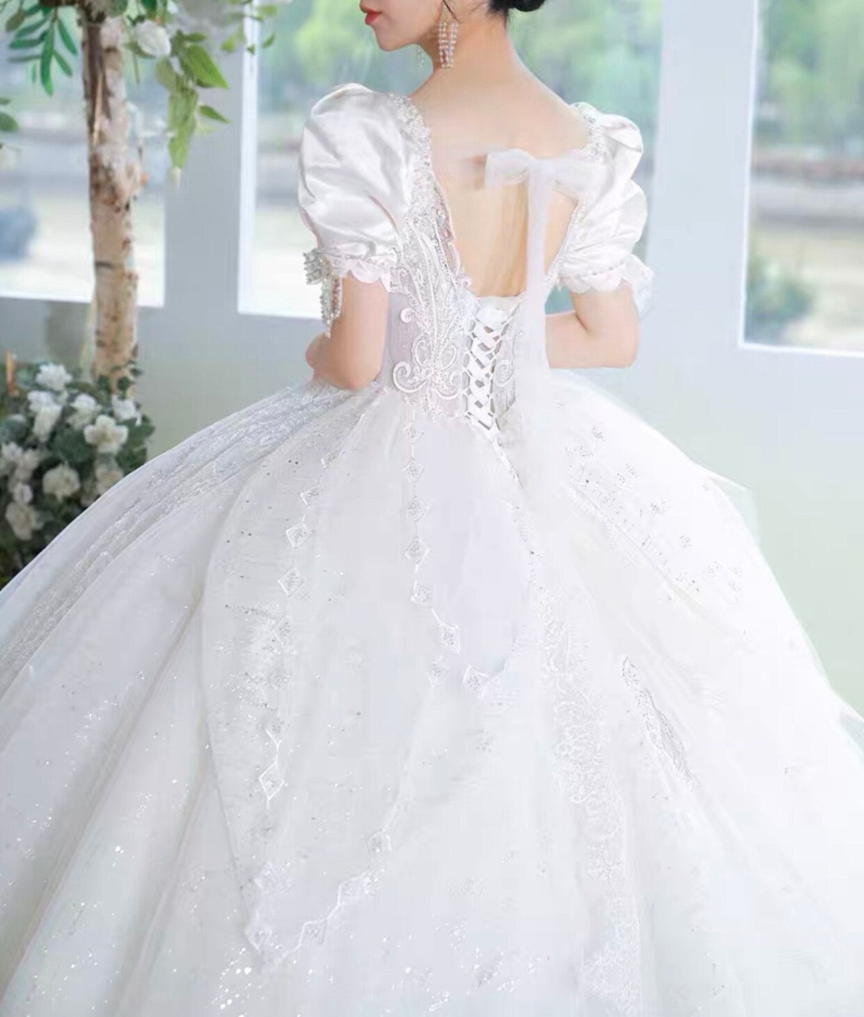 White Fairy A-line Luxury Bridal Wedding Dress, Customizable Prom Party Ball Gown, Romantic Boho Lolita Princess Sweetheart