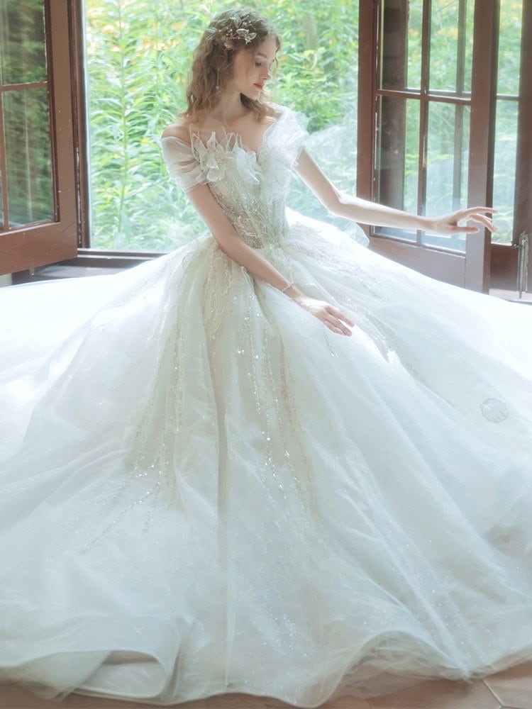 Off the Shoulder Fairy A-line Luxury Bridal Wedding Dress, Custom Unique Prom Party Ball Gown, Romantic Boho Lolita Princess Sweetheart