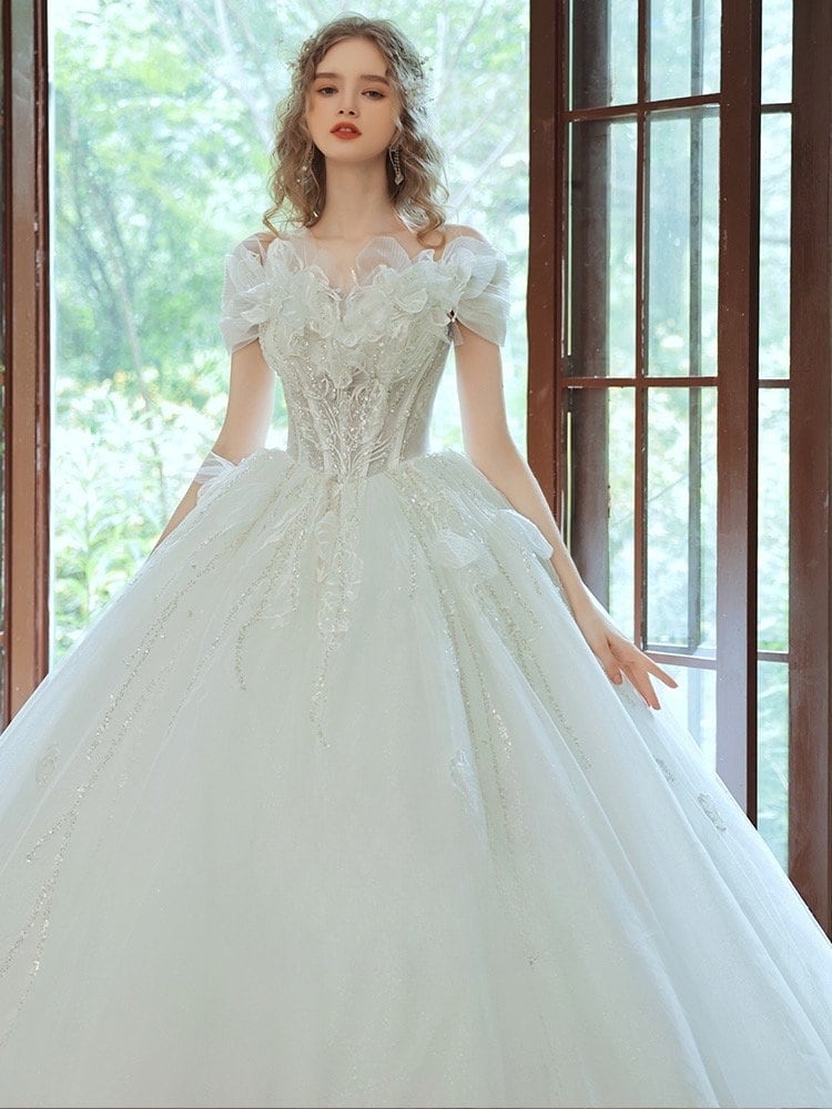 Off the Shoulder Fairy A-line Luxury Bridal Wedding Dress, Custom Unique Prom Party Ball Gown, Romantic Boho Lolita Princess Sweetheart