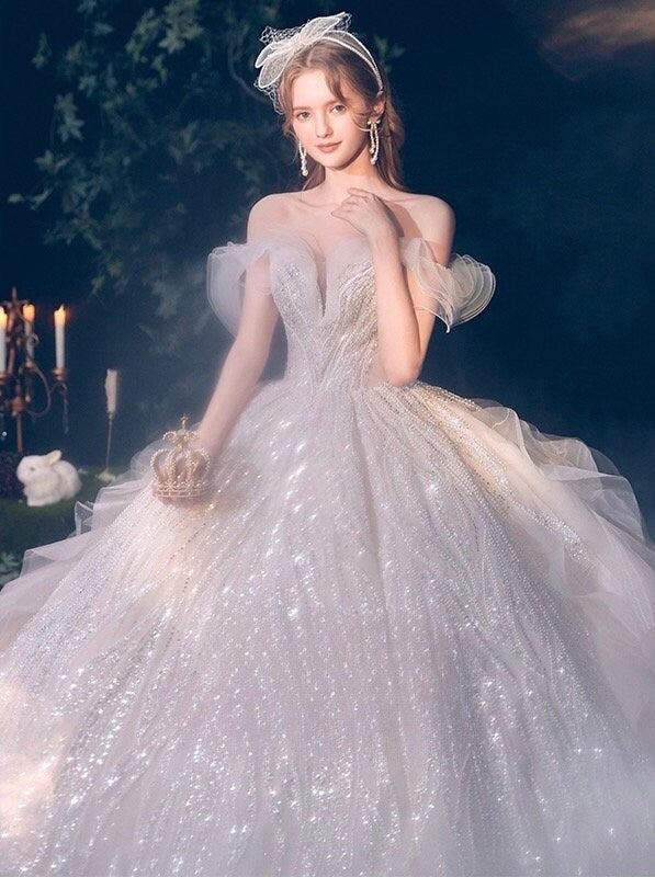 Off the Shoulder Fairy A-line Luxury Bridal Wedding Dress, Custom Unique Prom Party Ball Gown, Romantic Boho Lolita Princess Sweetheart