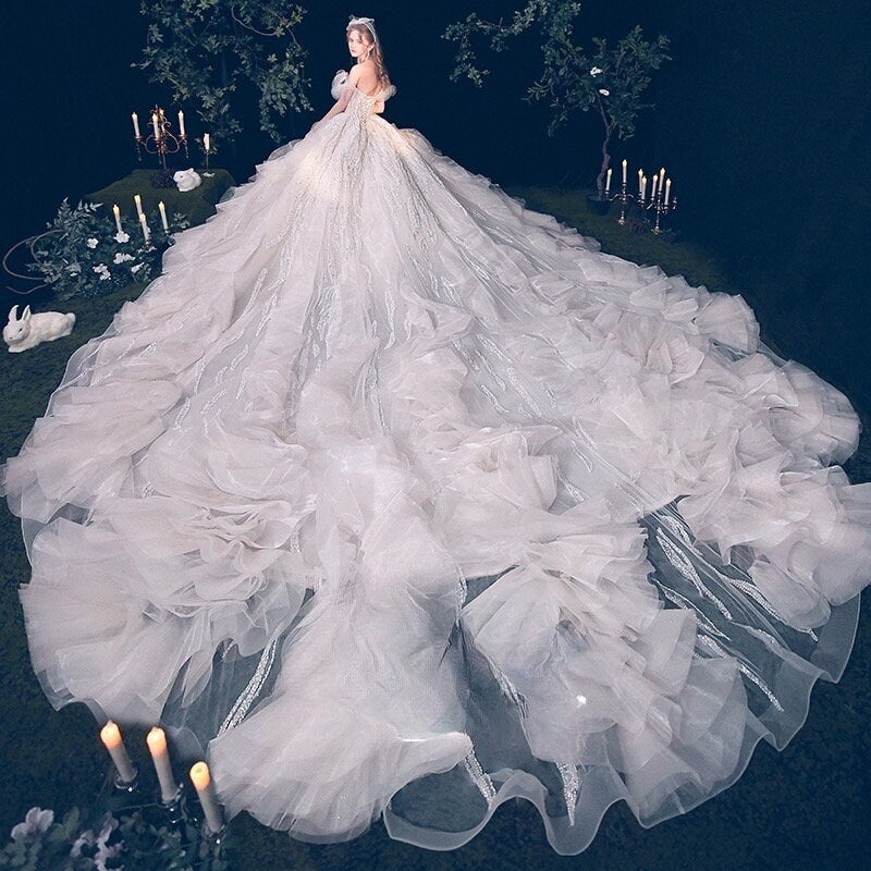 Off the Shoulder Fairy A-line Luxury Bridal Wedding Dress, Custom Unique Prom Party Ball Gown, Romantic Boho Lolita Princess Sweetheart