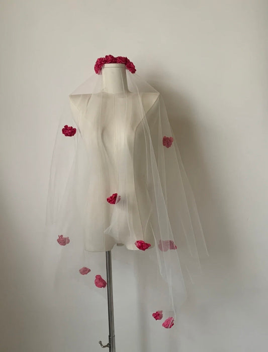 Unique Wedding Bridal Veil with Handmade Red Flowers, wedding gift for brides.