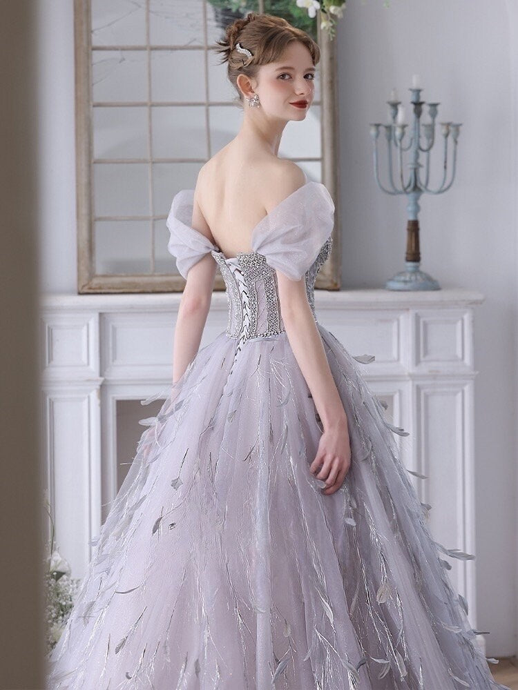 Fairy Tulle Unique Wedding Bridal Dress with Detachable Sleeves and Feathers, Off Shoulder Romantic Lolita Princess Prom Party Gown