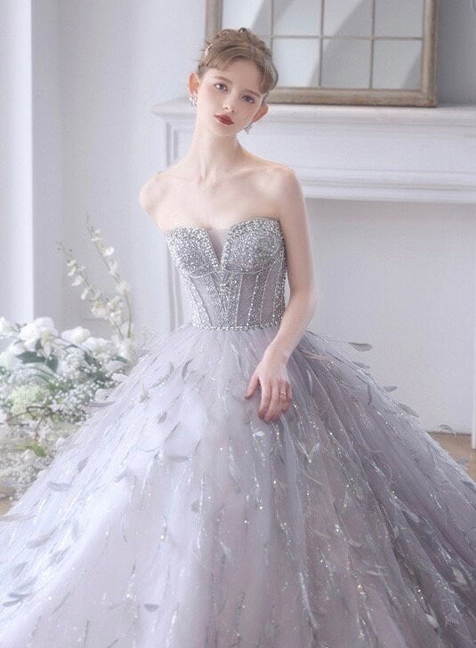 Fairy Tulle Unique Wedding Bridal Dress with Detachable Sleeves and Feathers, Off Shoulder Romantic Lolita Princess Prom Party Gown