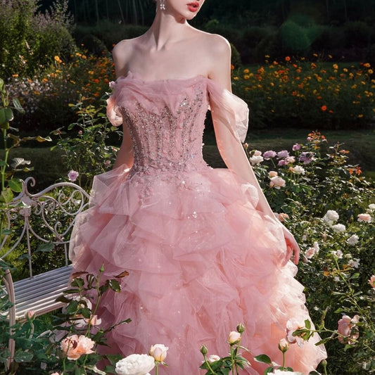 Pink Fairy Tulle Wedding Bridal Dress, Off the Shoulder Romantic Lolita Princess Prom Party Gown, Barbie Style Dress