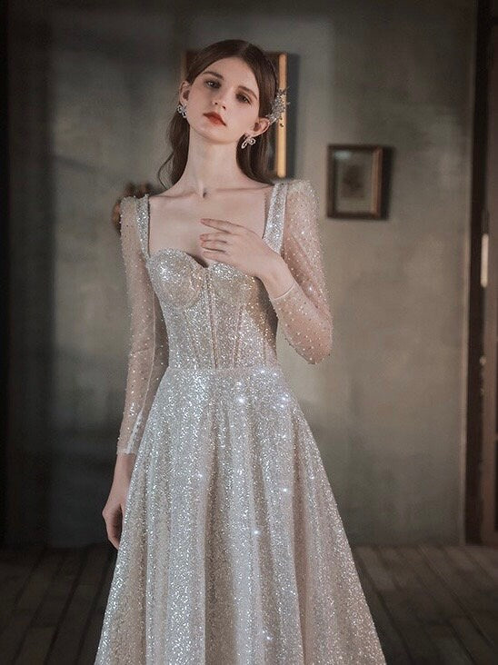 Long Sleeve Sequin Corset A-line Wedding Bridal Dress, Unique Custom Beaded Romantic Lolita Princess Prom Party Gown