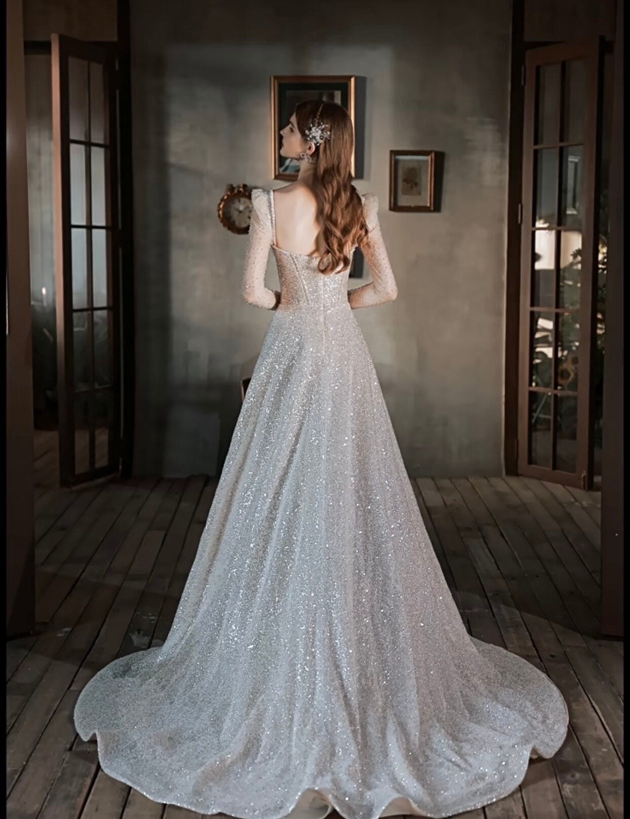 Long Sleeve Sequin Corset A-line Wedding Bridal Dress, Unique Custom Beaded Romantic Lolita Princess Prom Party Gown