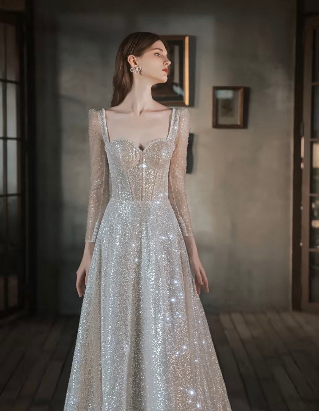 Long Sleeve Sequin Corset A-line Wedding Bridal Dress, Unique Custom Beaded Romantic Lolita Princess Prom Party Gown