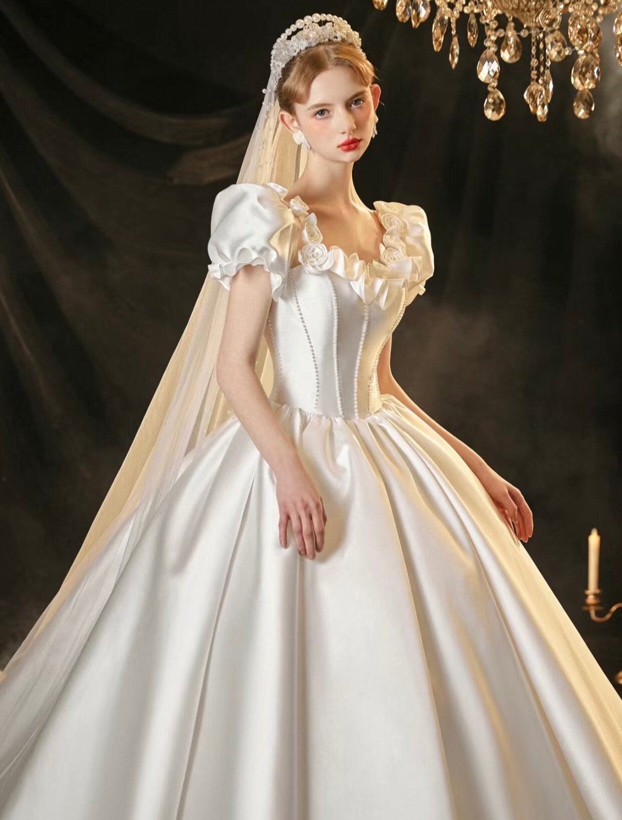 White Fairy A-line Satin Bridal Wedding Dress, Customizable Prom Party Ball Gown, Romantic Boho Lolita Princess Sweetheart