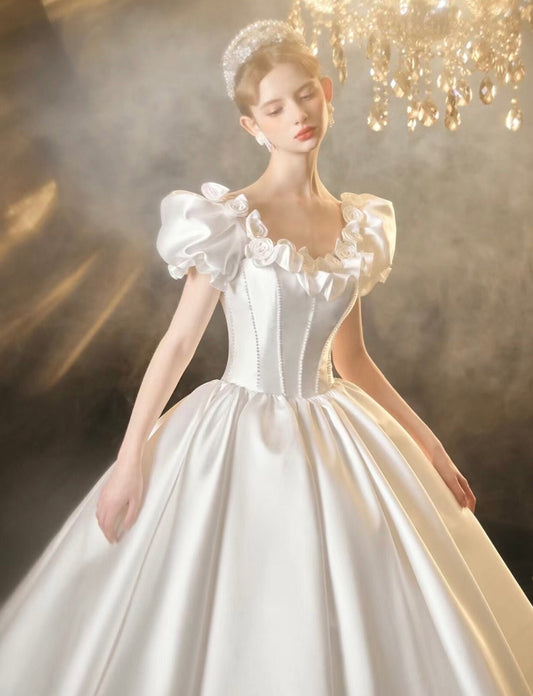 White Fairy A-line Satin Bridal Wedding Dress, Customizable Prom Party Ball Gown, Romantic Boho Lolita Princess Sweetheart