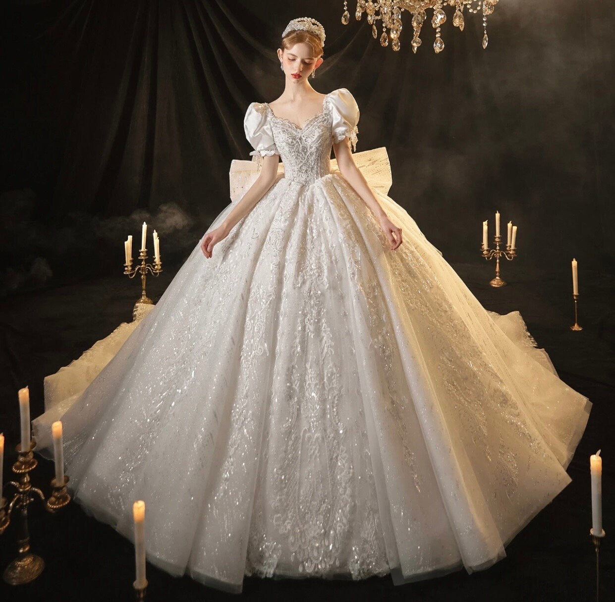 White Fairy A-line Luxury Bridal Wedding Dress, Customizable Prom Party Ball Gown, Romantic Boho Lolita Princess Sweetheart