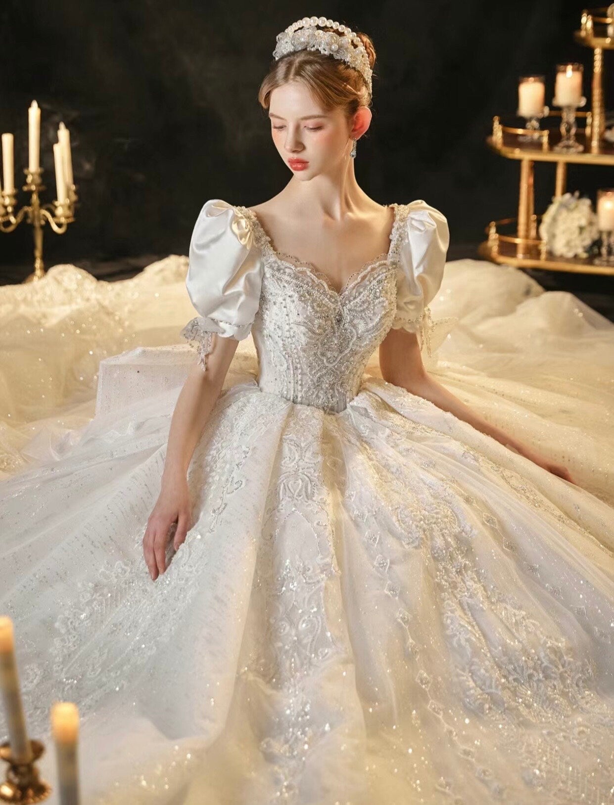 White Fairy A-line Luxury Bridal Wedding Dress, Customizable Prom Party Ball Gown, Romantic Boho Lolita Princess Sweetheart