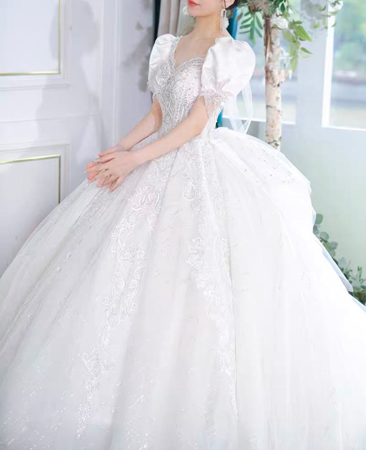 White Fairy A-line Luxury Bridal Wedding Dress, Customizable Prom Party Ball Gown, Romantic Boho Lolita Princess Sweetheart