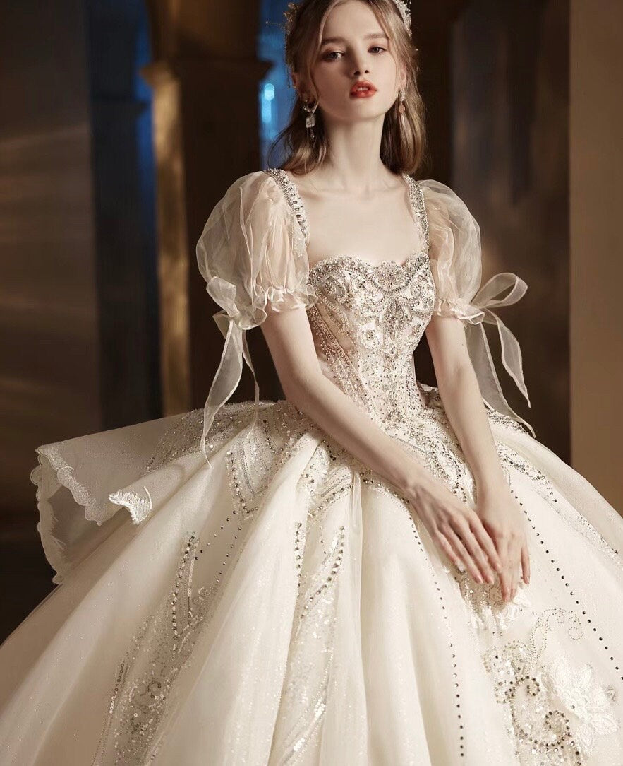 White Fairy A-line Luxury Beaded Bridal Wedding Dress, Customizable Prom Party Ball Gown, Romantic Boho Lolita Princess Sweetheart