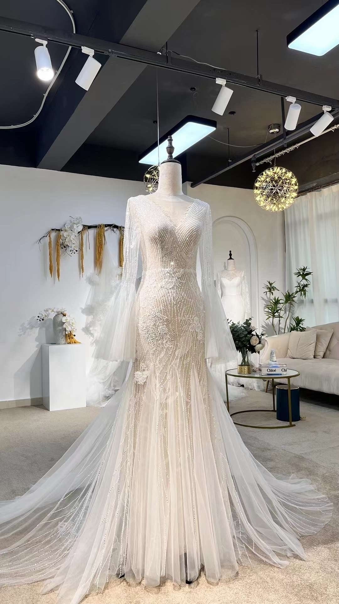 Custom Beaded Long Sleeve Mermaid Wedding Bridal Dress, Sexy Elegant U – Shindig Threads