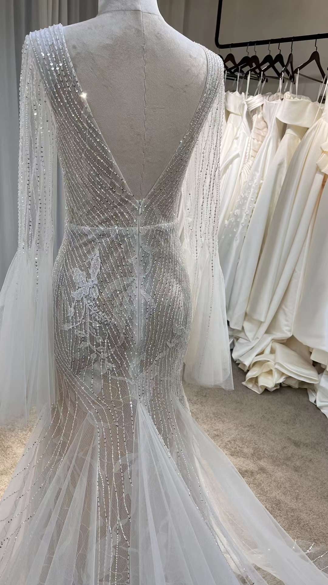 Custom Beaded Long Sleeve Mermaid Wedding Bridal Dress, Sexy Elegant Unique Prom Party Gown Fairy Boho Princess