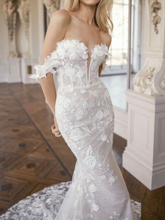 Off the Should Lace Mermaid Wedding Dress with 3D Flowers, Custom Unique Romantic Boho Floral Bridal Gown