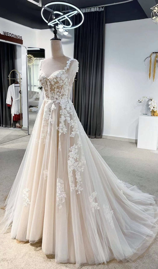 Fairy Floral Corset A-line Wedding Bridal Dress, Custom Lace Party Gown w Shoulder Strips, Unique Elopement Dress for Courthouse Wedding