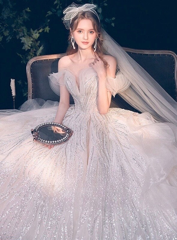 Off the Shoulder Fairy A-line Luxury Bridal Wedding Dress, Custom Unique Prom Party Ball Gown, Romantic Boho Lolita Princess Sweetheart