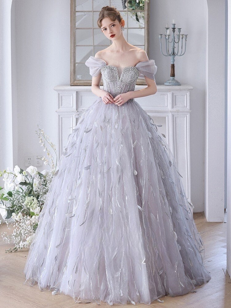 Fairy Tulle Unique Wedding Bridal Dress with Detachable Sleeves and Feathers, Off Shoulder Romantic Lolita Princess Prom Party Gown