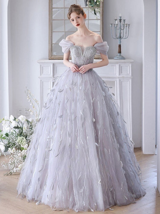 Fairy Tulle Unique Wedding Bridal Dress with Detachable Sleeves and Feathers, Off Shoulder Romantic Lolita Princess Prom Party Gown