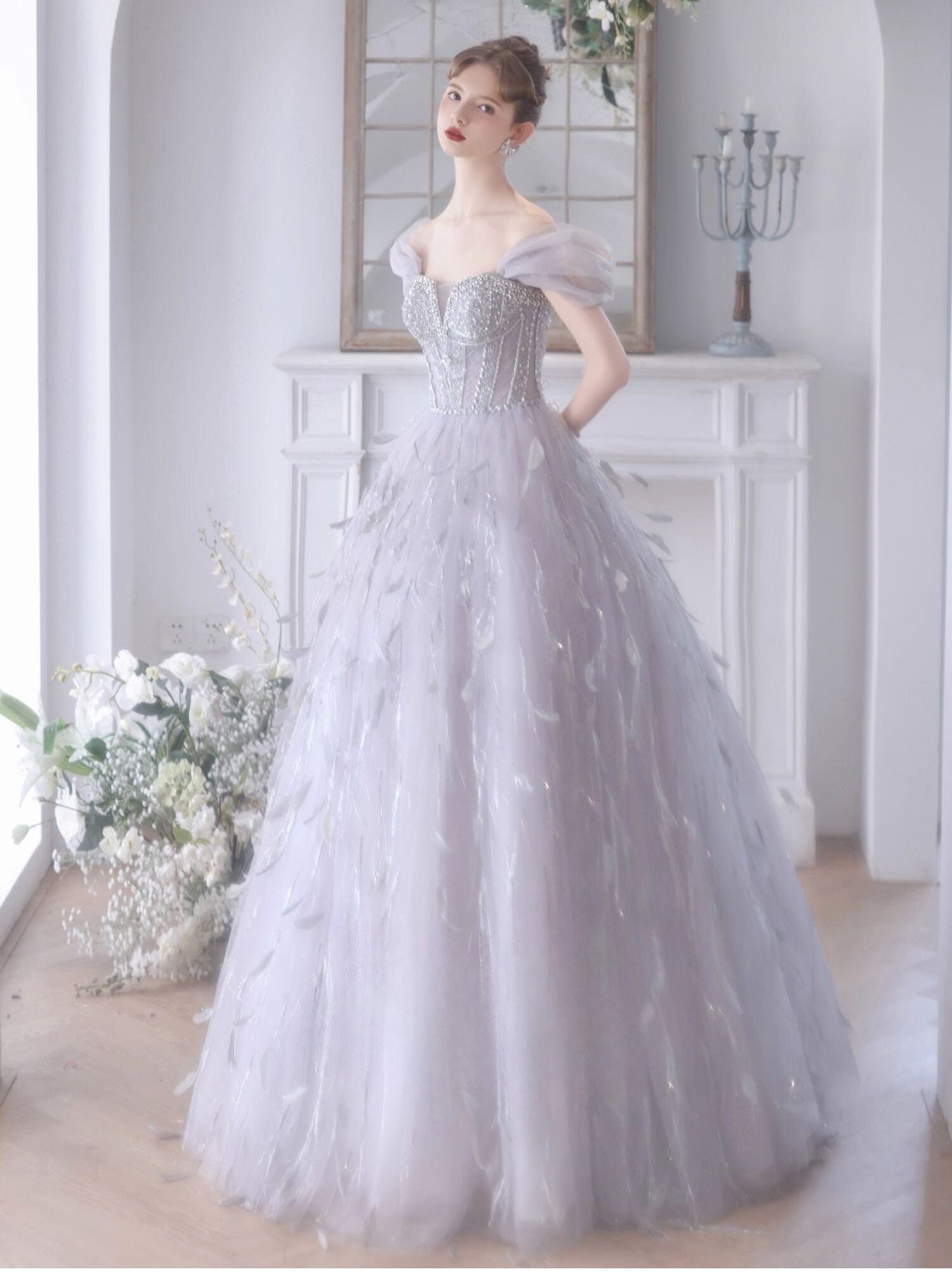 Fairy Tulle Unique Wedding Bridal Dress with Detachable Sleeves and Feathers, Off Shoulder Romantic Lolita Princess Prom Party Gown