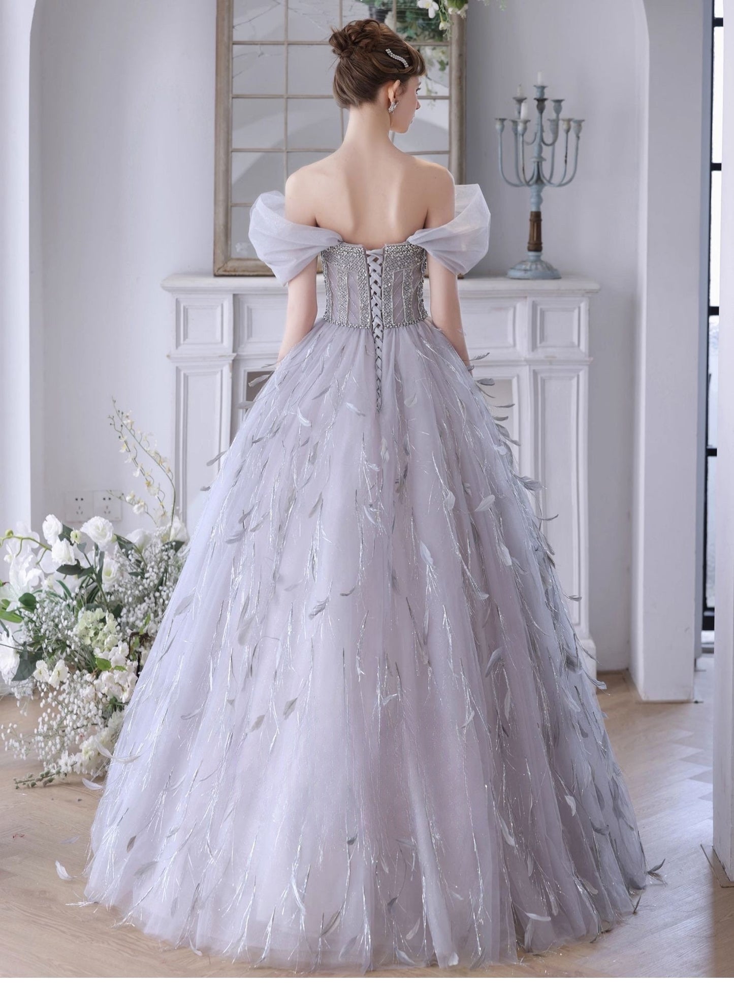 Fairy Tulle Unique Wedding Bridal Dress with Detachable Sleeves and Feathers, Off Shoulder Romantic Lolita Princess Prom Party Gown